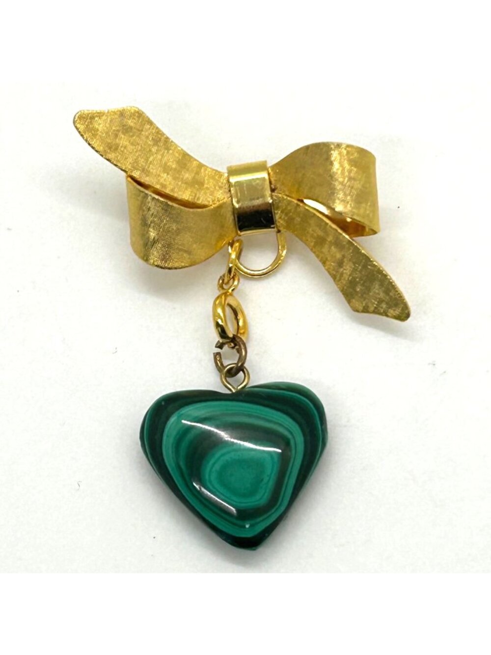 Gold-tone Bow Brooch Dangling Green Malachite Heart Pendant Sweetheart Valentine